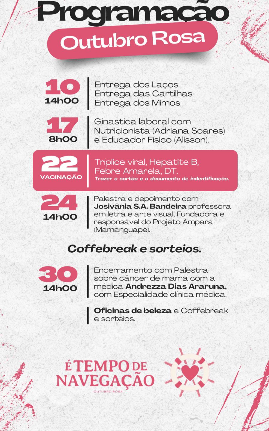 Programação do evento Outubro Rosa da Pro-fé Empreendimentos